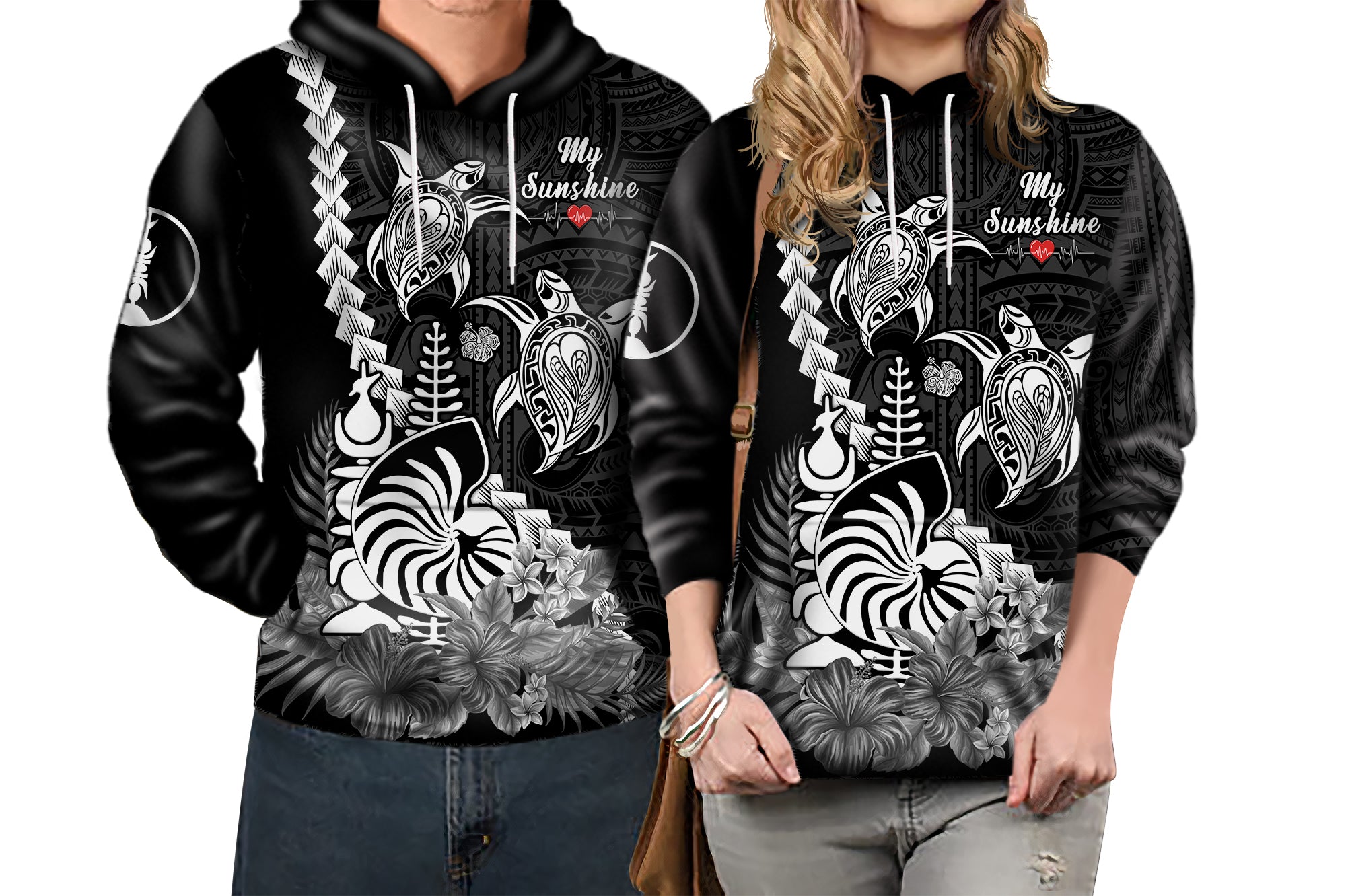 Custom New Caledonia Valentine Couple Love Hoodie My Sunshine Polynesia Turtle Black LT14 - Polynesian Pride