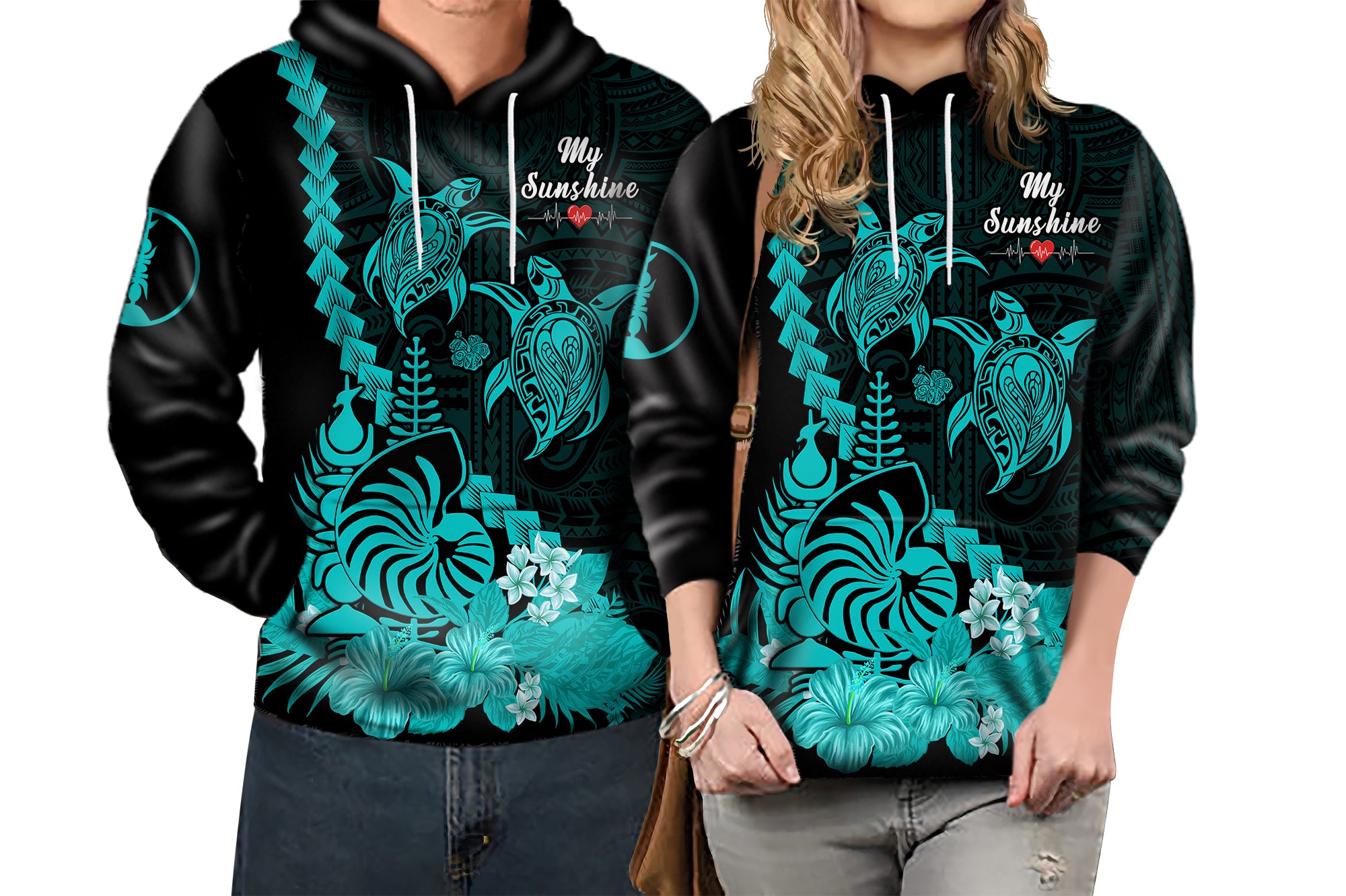 Custom New Caledonia Valentine Couple Love Hoodie My Sunshine Polynesia Turtle Turquoise LT14 - Polynesian Pride