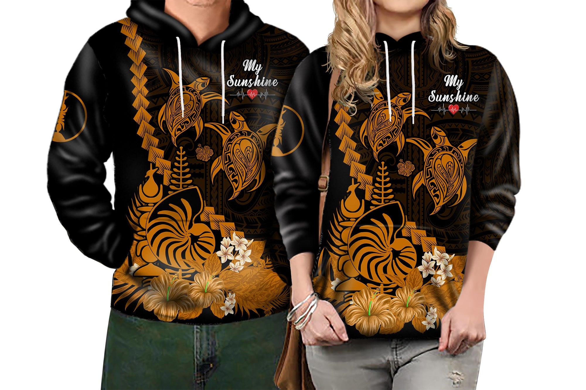 Custom New Caledonia Valentine Couple Love Hoodie My Sunshine Polynesia Turtle Gold LT14 - Polynesian Pride