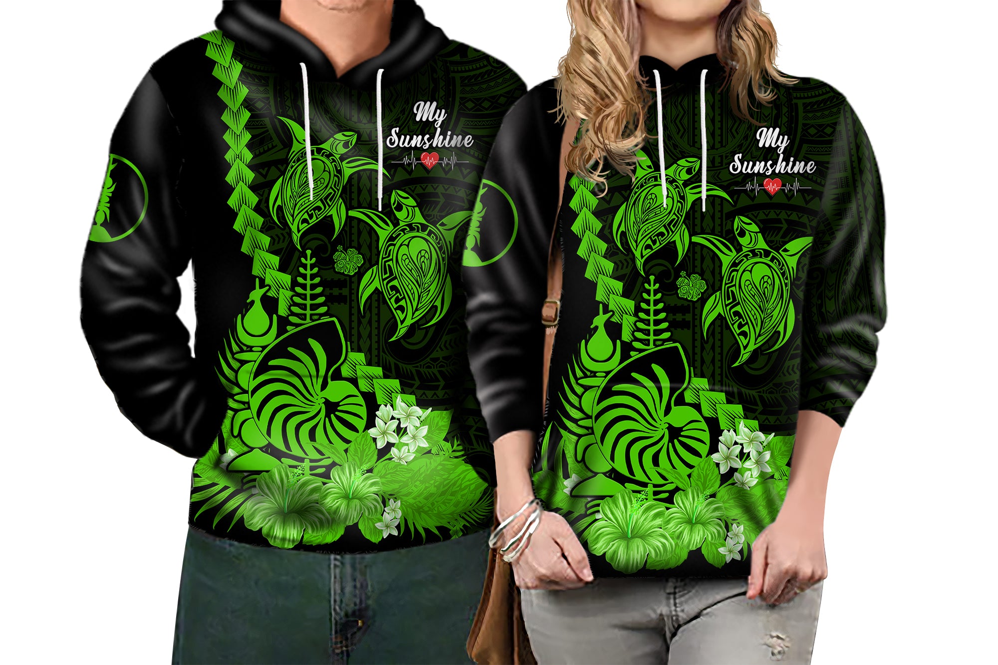 Custom New Caledonia Valentine Couple Love Hoodie My Sunshine Polynesia Turtle Green LT14 - Polynesian Pride