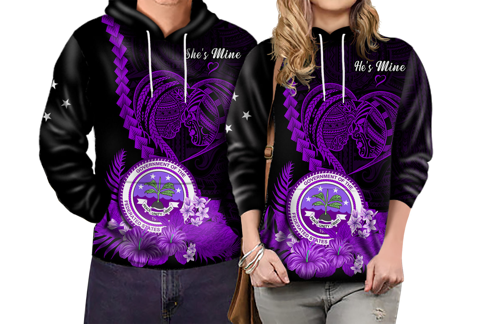 Custom FSM Valentine Couple Hoodie Heart Love Tropical Flowers Purple LT14 No Men - Polynesian Pride
