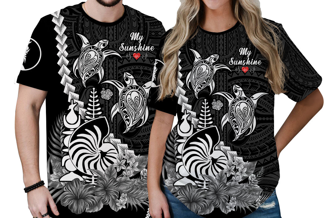 Custom New Caledonia Valentine Couple T Shirt My Sunshine Polynesia Turtle Black LT14 - Polynesian Pride