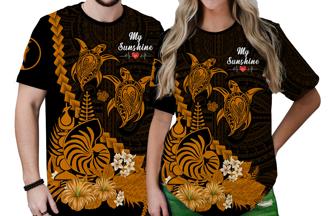 Custom New Caledonia Valentine Couple T Shirt My Sunshine Polynesia Turtle Gold LT14 - Polynesian Pride