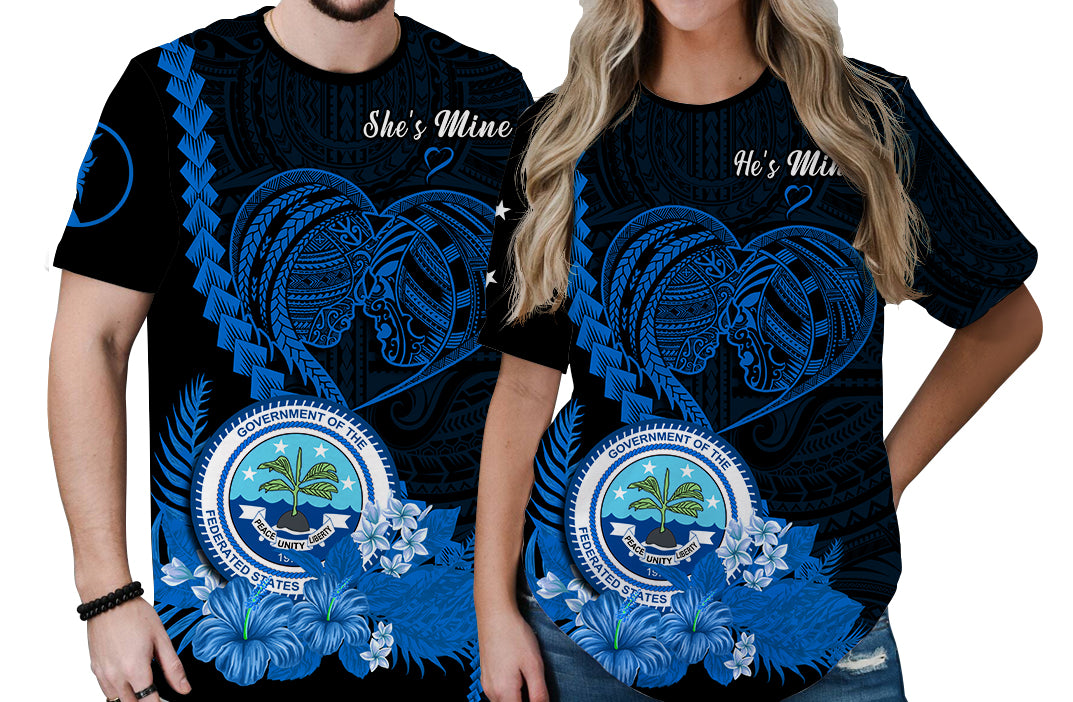 Custom FSM Valentine Couple T Shirt Heart Love Tropical Flowers BLue LT14 No Men - Polynesian Pride