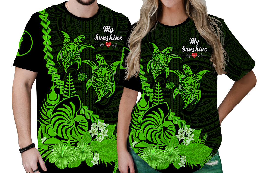 Custom New Caledonia Valentine Couple T Shirt My Sunshine Polynesia Turtle Green LT14 - Polynesian Pride