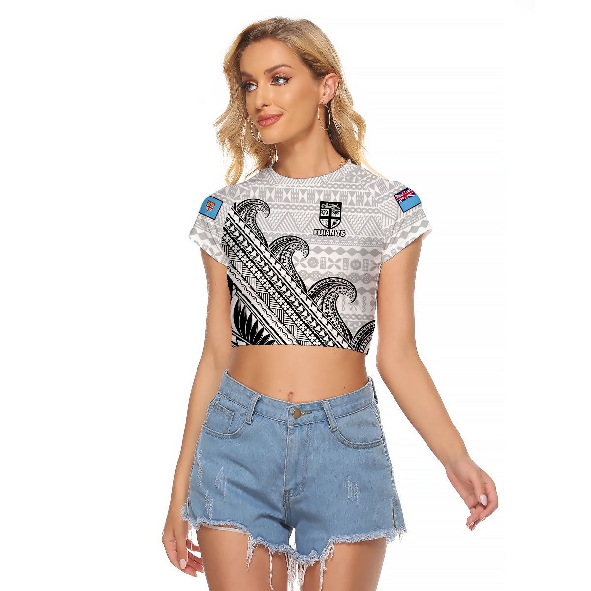 Fiji Sevens Rugby Raglan Cropped T Shirt Fijian 7s Tapa Polynesian Art LT14 Female White - Polynesian Pride