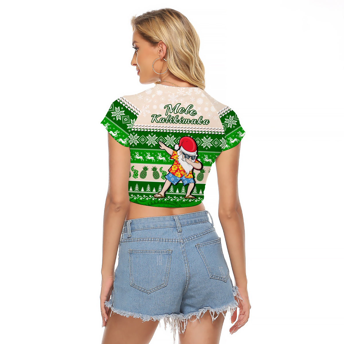 Hawaii Mele Kalikimaka Raglan Cropped T Shirt Dabbing Santa Green Merry Christmas LT14 - Polynesian Pride