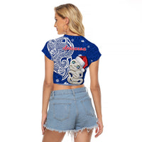 (Custom Personalised) New Zealand Christmas Raglan Cropped T Shirt Hei Tiki Blue Pohutukawa Meri Kirihimete LT14 - Polynesian Pride