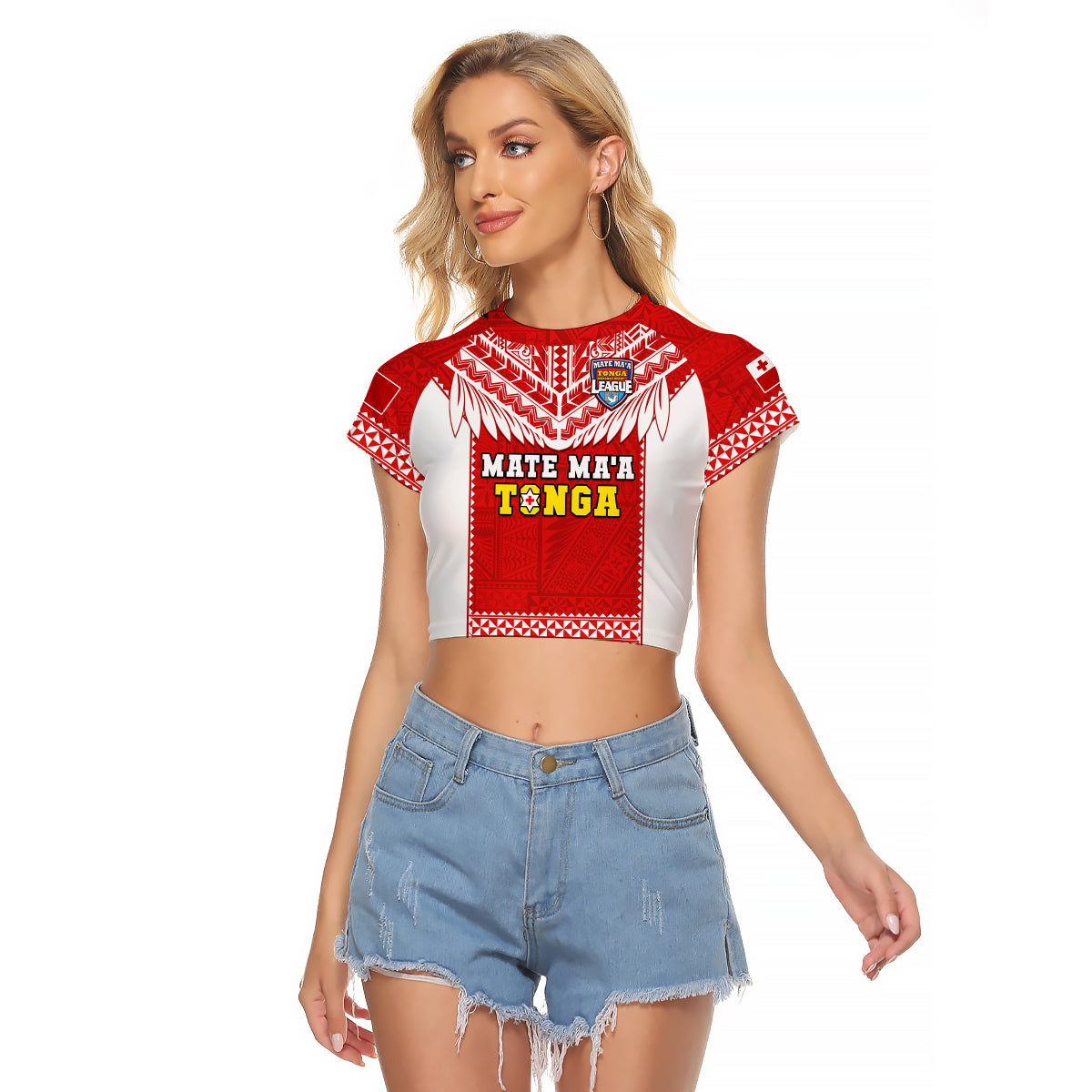 (Custom Text And Number) Tonga Rugby Raglan Cropped T Shirt Mate Maa Tonga Pacific Ngatu White LT14 Female Red - Polynesian Pride