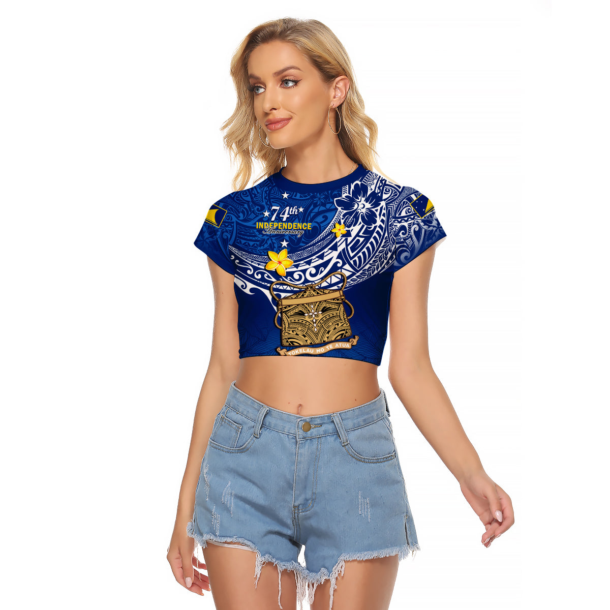 (Custom Personalised) Tokelau Raglan Cropped T Shirt National Badge Polynesian Happy 74th Independence Anniversary LT14 Female Blue - Polynesian Pride