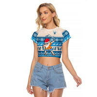 Hawaii Mele Kalikimaka Raglan Cropped T Shirt Dabbing Santa Blue Merry Christmas LT14 Female Blue - Polynesian Pride