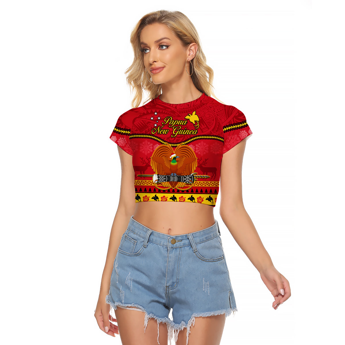 (Custom Personalised) Papua New Guinea Christmas Raglan Cropped T Shirt Bird Of Paradise Bikpela Hamamas Blong Dispela Krismas LT14 Female Red - Polynesian Pride