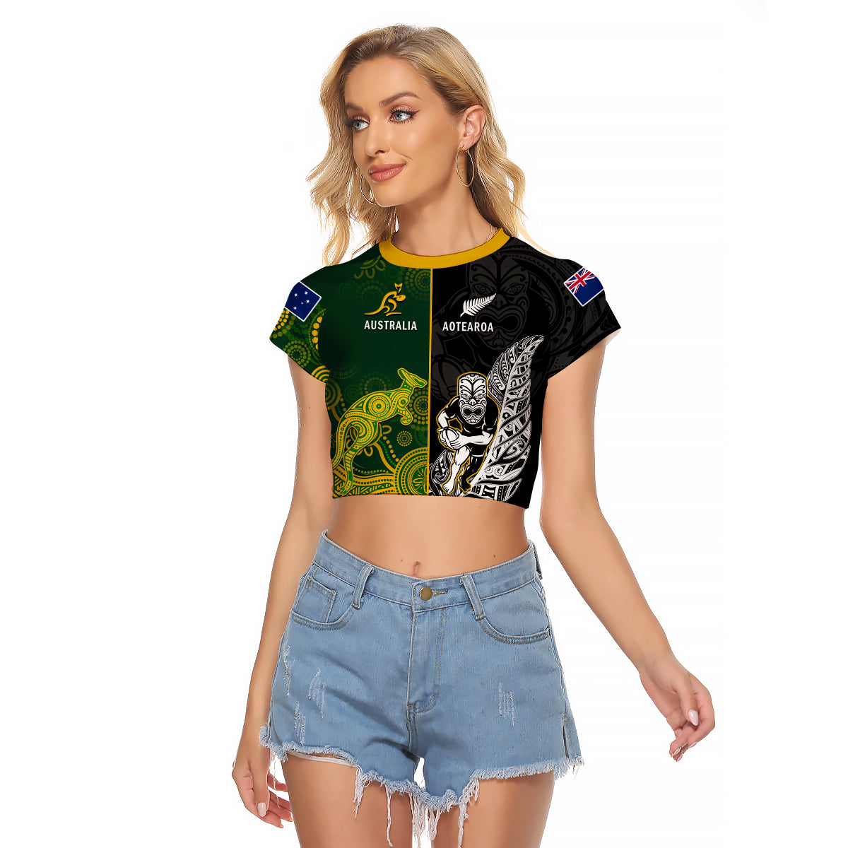 Australia Rugby Mix Aotearoa Rugby Raglan Cropped Shirt Wallabies All Black Special Version LT14 Female Black - Polynesian Pride