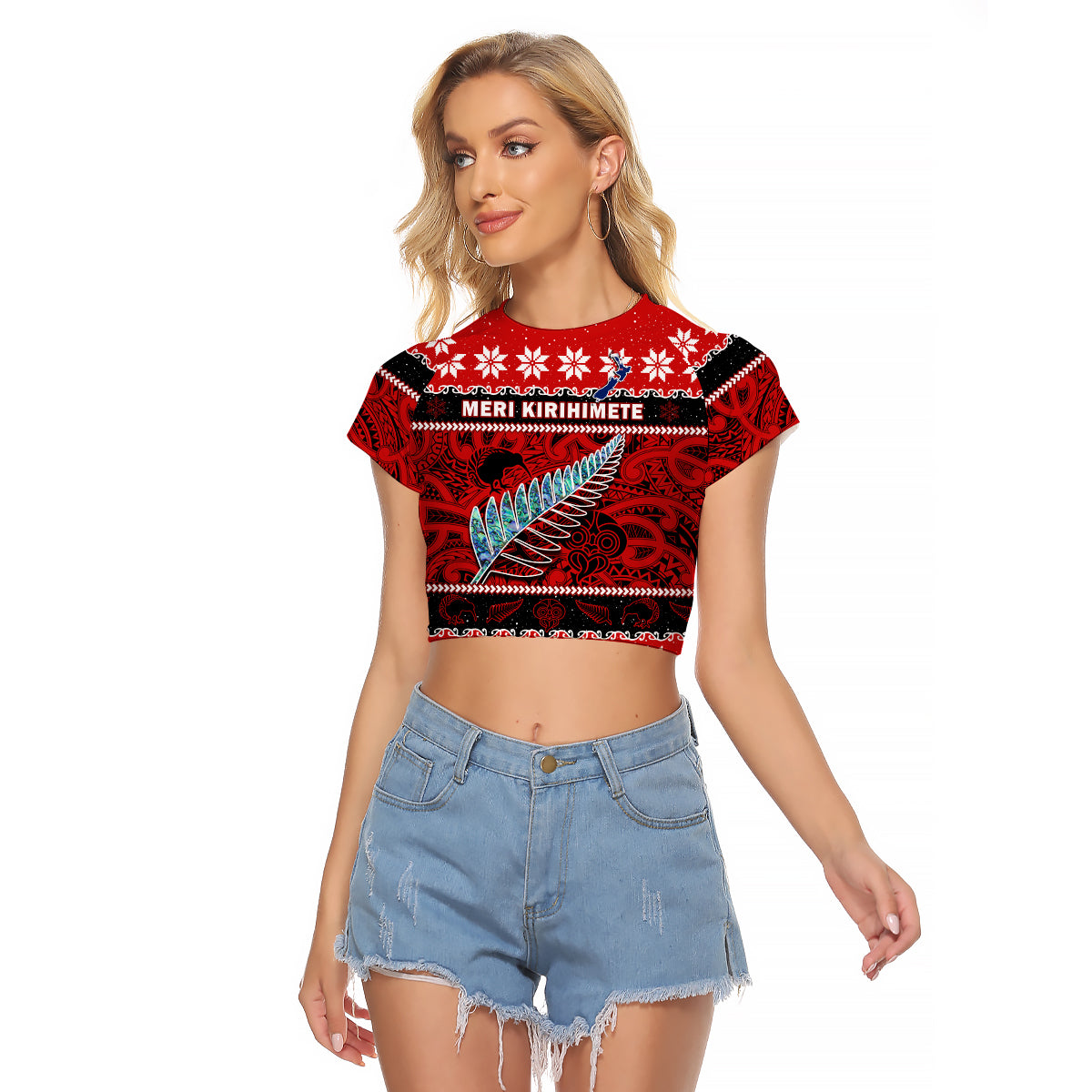 New Zealand Christmas Raglan Cropped T Shirt Paua Shell Silver Fern Meri Kirihimete LT14 Female Red - Polynesian Pride