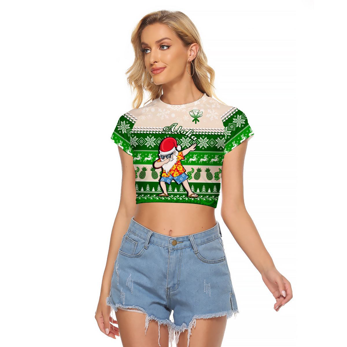 Hawaii Mele Kalikimaka Raglan Cropped T Shirt Dabbing Santa Green Merry Christmas LT14 Female Green - Polynesian Pride