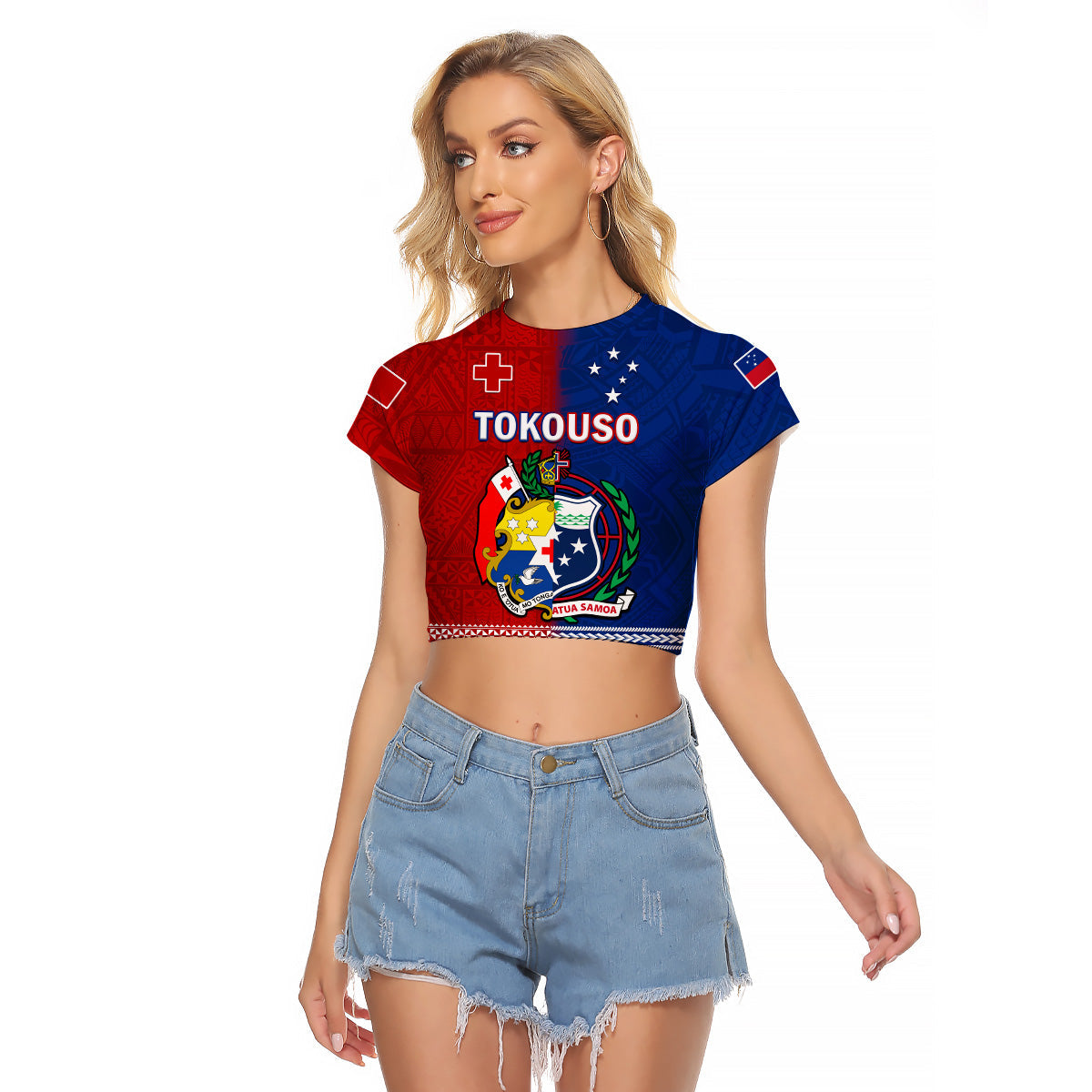 (Custom Personalised) TokoUso Raglan Cropped T Shirt Tonga and Samoa United We Stand Divided We Fall LT14 Female Blue - Polynesian Pride