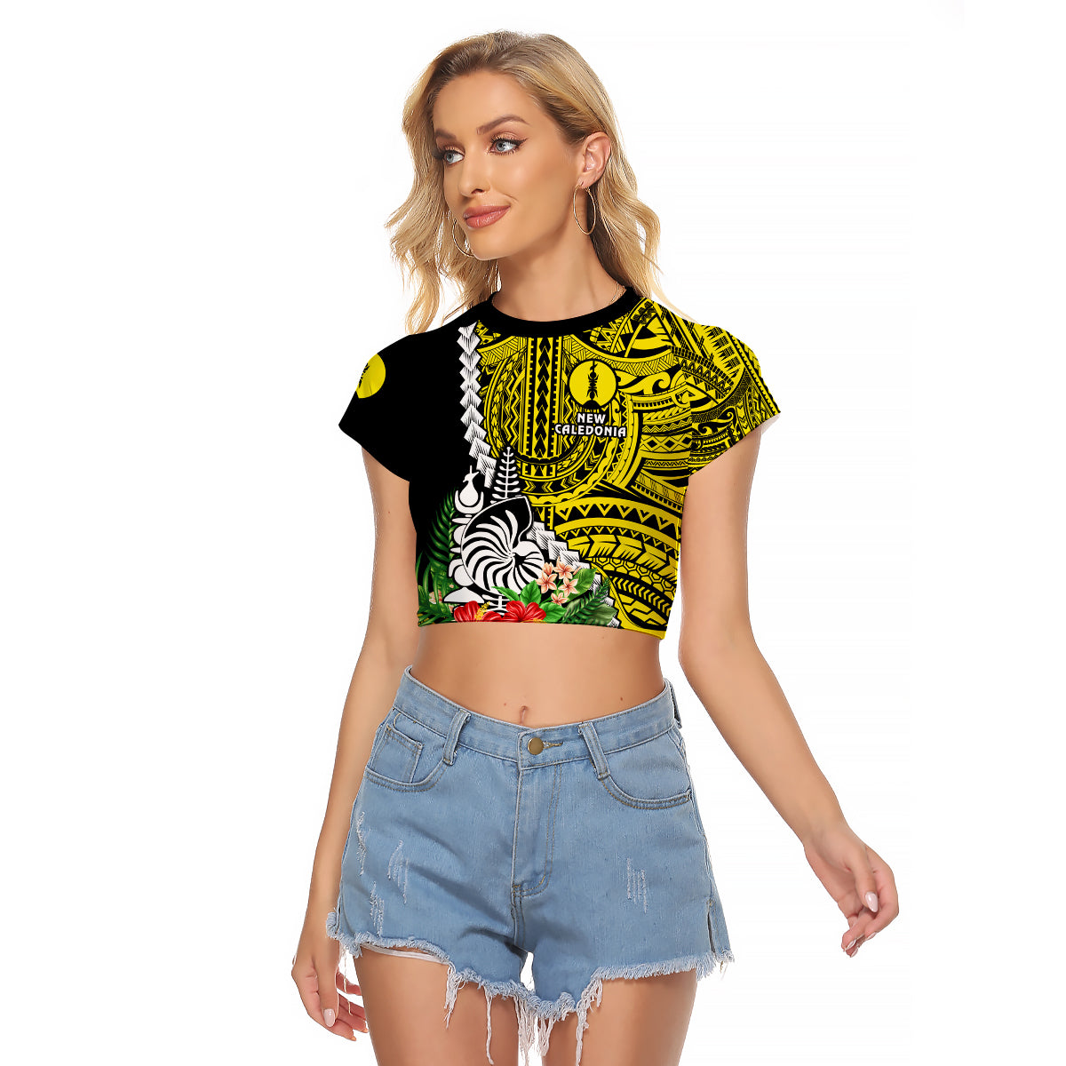 New Caledonia Polynesian Coat Of Arms Mix Tropical Flowers Crop T Shirt LT14 Female Yellow - Polynesian Pride