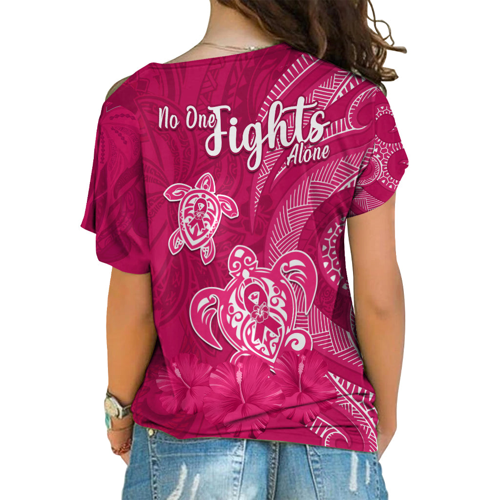 Breast Cancer Awareness Cross Shoulder Shirt Hibiscus Polynesian No One Fights Alone LT13 - Polynesian Pride