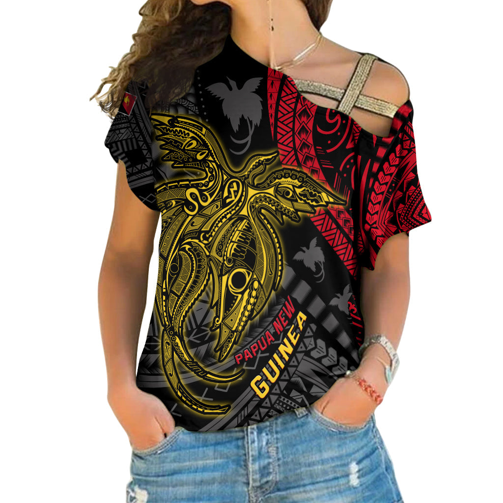 (Custom Personalised) Papua New Guinea Cross Shoulder Shirt Raggiana Birds Of Paradise Happy 47th Independence Day LT13 Female Black - Polynesian Pride