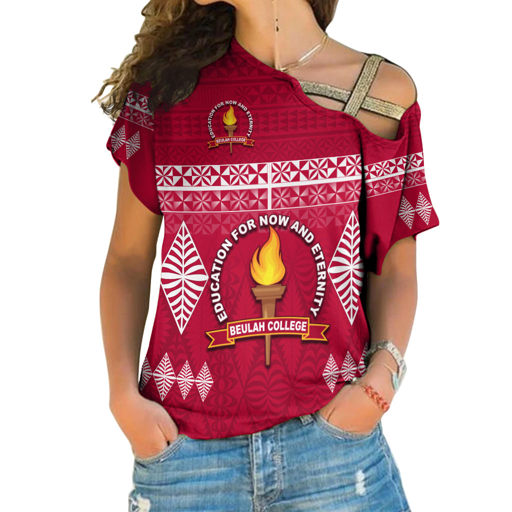 (Custom Text and Number) Beulah College Cross Shoulder Shirt Ngatu Pattern Tonga LT13 Female Maroon - Polynesian Pride