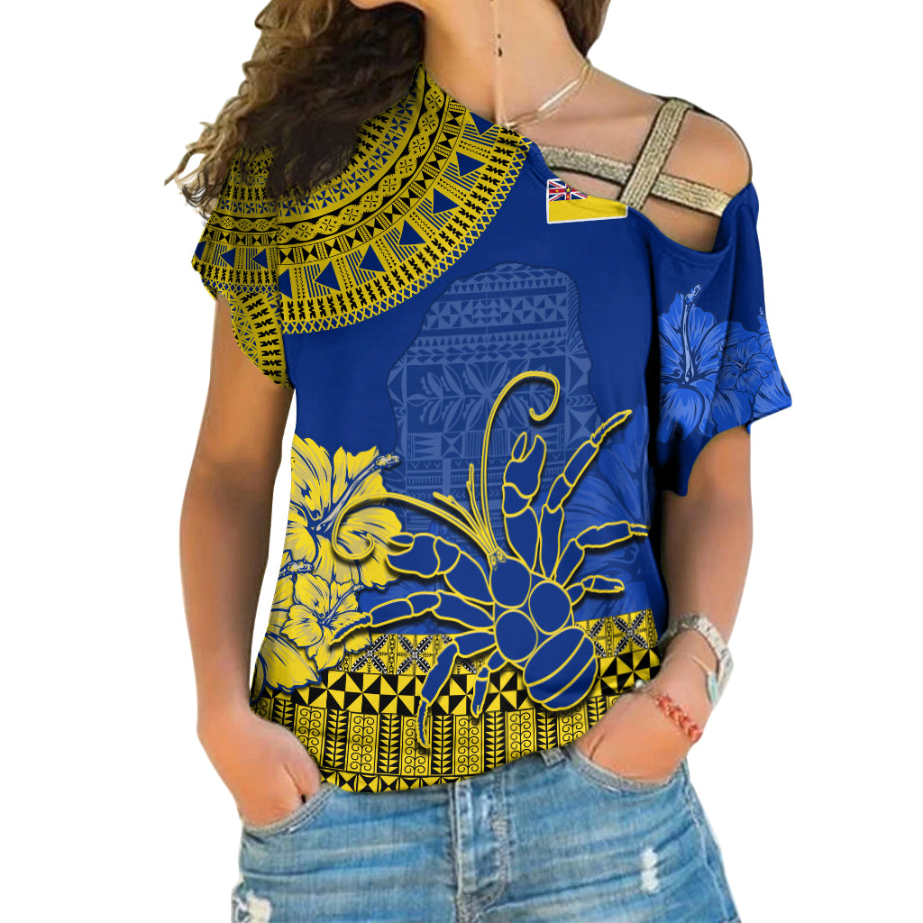 (Custom Personalised) Niue Hiapo Cross Shoulder Shirt Rock of Polynesia Tapa Niuean Crab Happy Day LT13 Female Blue - Polynesian Pride