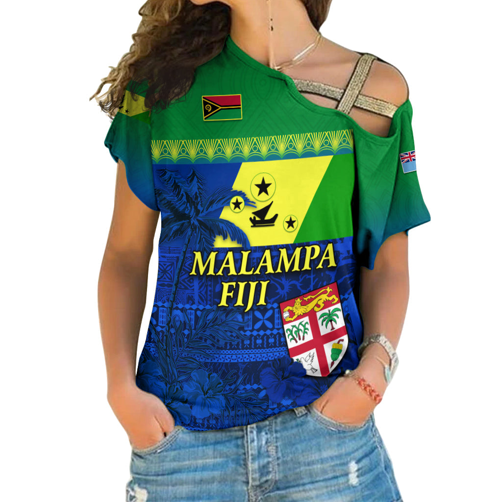 (Custom Personalised) Malampa Fiji Day Cross Shoulder Shirt Vanuatu Polynesia mix Flowers LT13 Female Green - Polynesian Pride