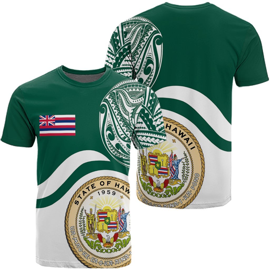 Hawaii Coat of Arms T Shirt Waveshape Style Unisex Green - Polynesian Pride