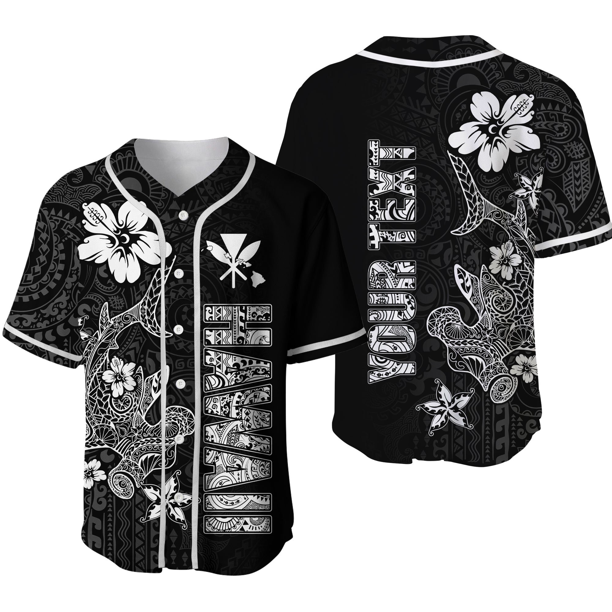 (Custom Personalised) Hawaii Hammerhead Shark Hibiscus Hawaii Pattern Baseball Jersey - LT2 BLACK - Polynesian Pride