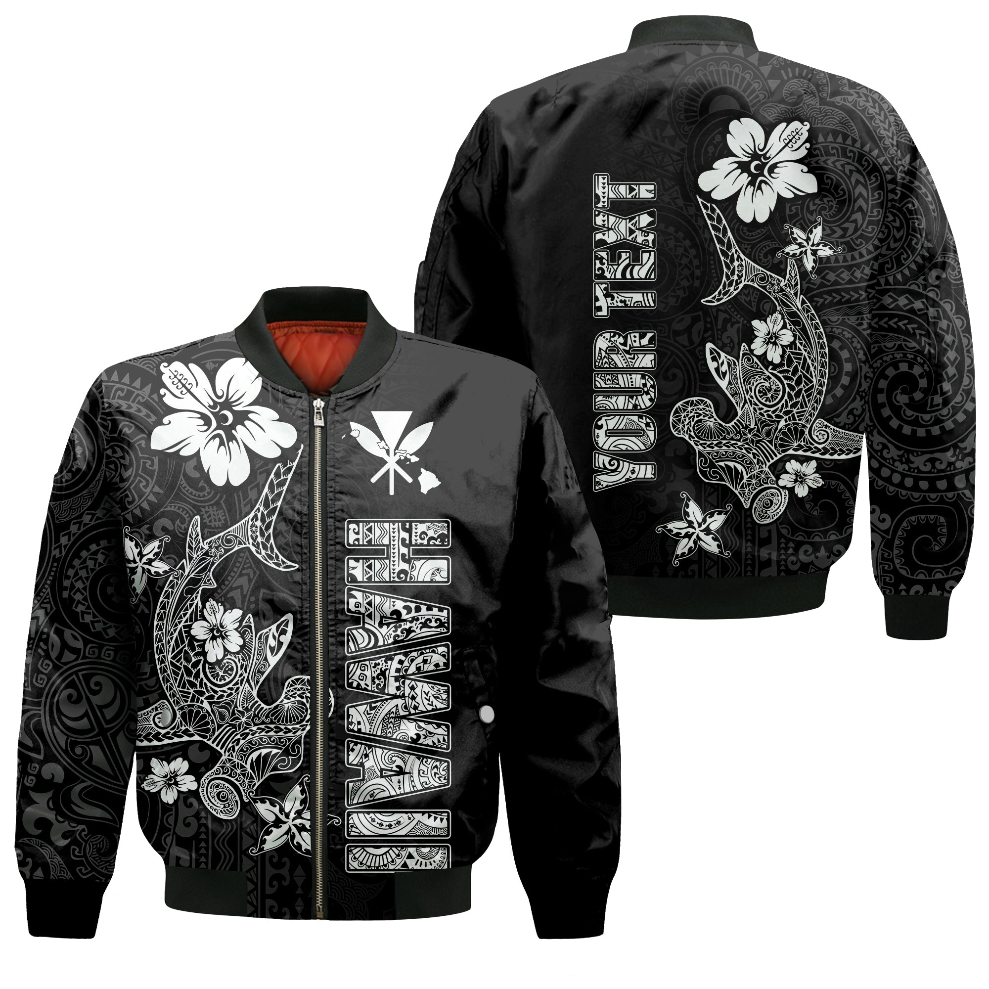 (Custom Personalised) Hawaii Hammerhead Shark Hibiscus Hawaii Pattern Bomber Jacket - LT2 Unisex BLACK - Polynesian Pride