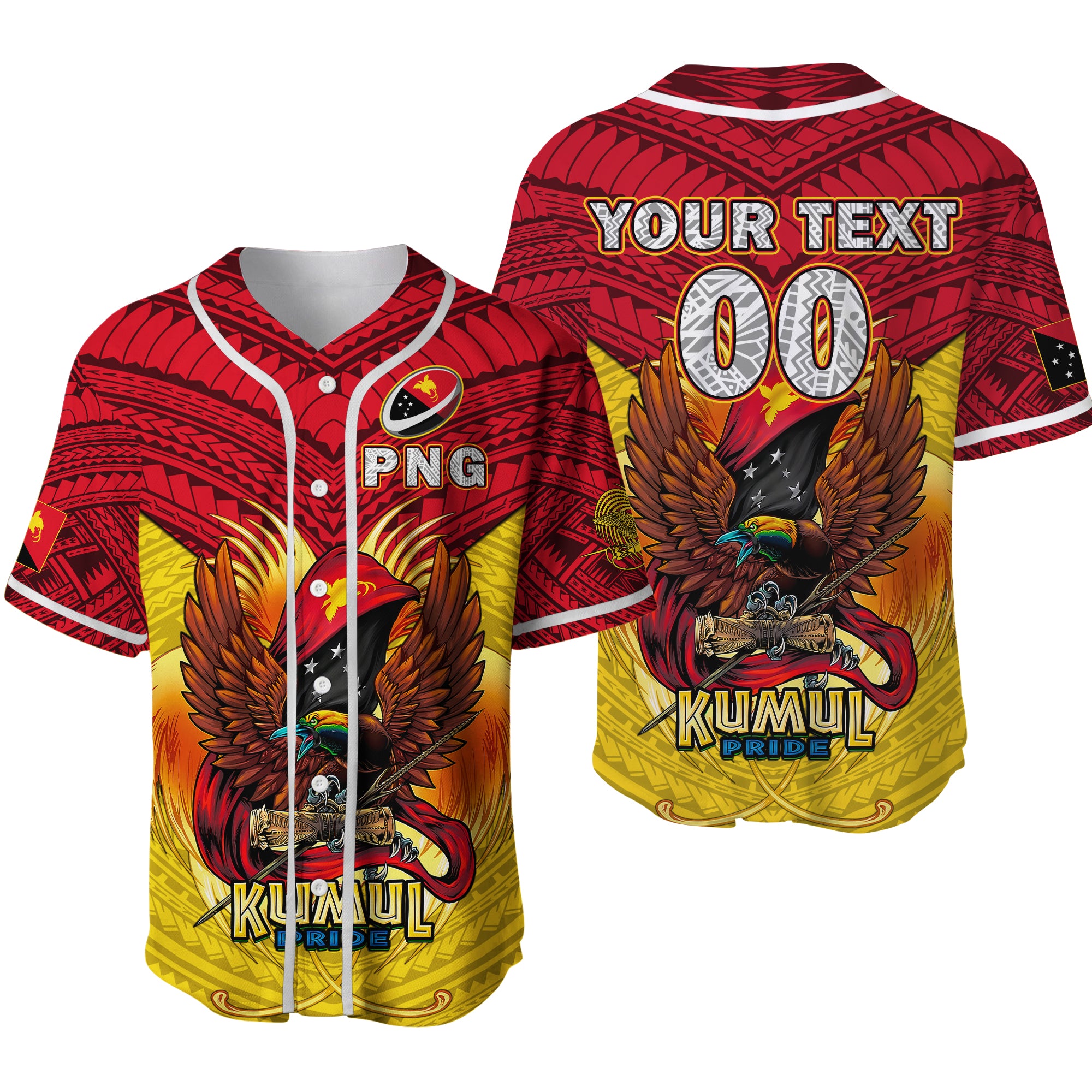 (Custom Personalised) Papua New Guinea Rugby Kumul Pride Baseball Jersey - LT2 YELLOW - Polynesian Pride