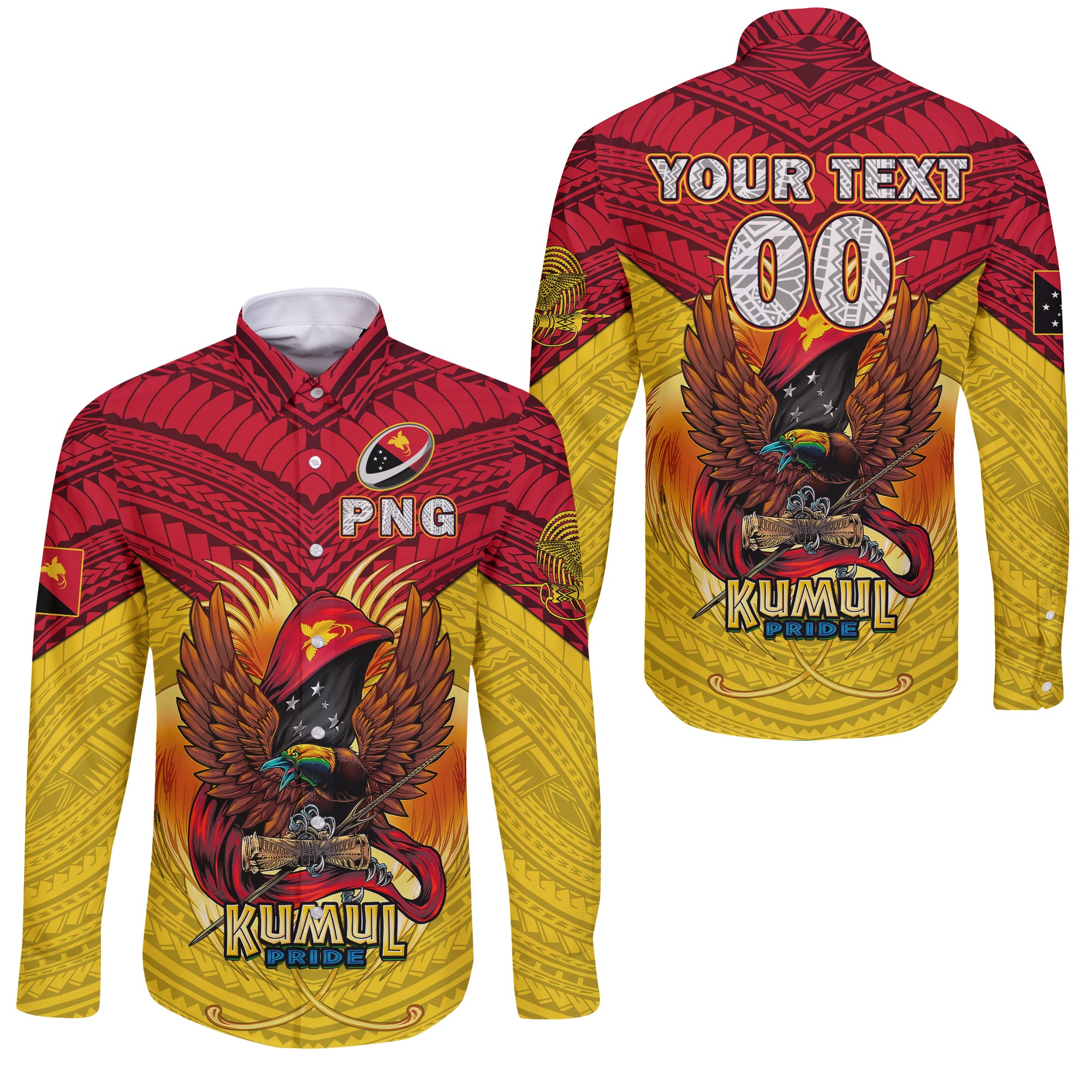 (Custom Personalised) Papua New Guinea Rugby Kumul Pride Long Sleeve Button Shirt - LT2 Unisex YELLOW - Polynesian Pride