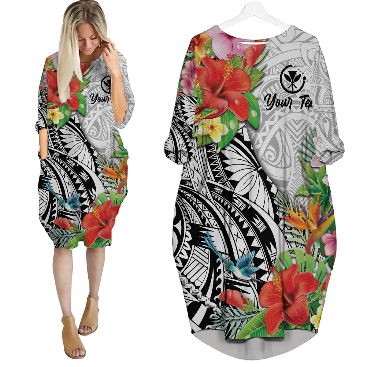 (Custom Personalised) Hawaii Hibiscus Kanaka Polynesia Batwing Pocket Dress - LT2 Women WHITE - Polynesian Pride