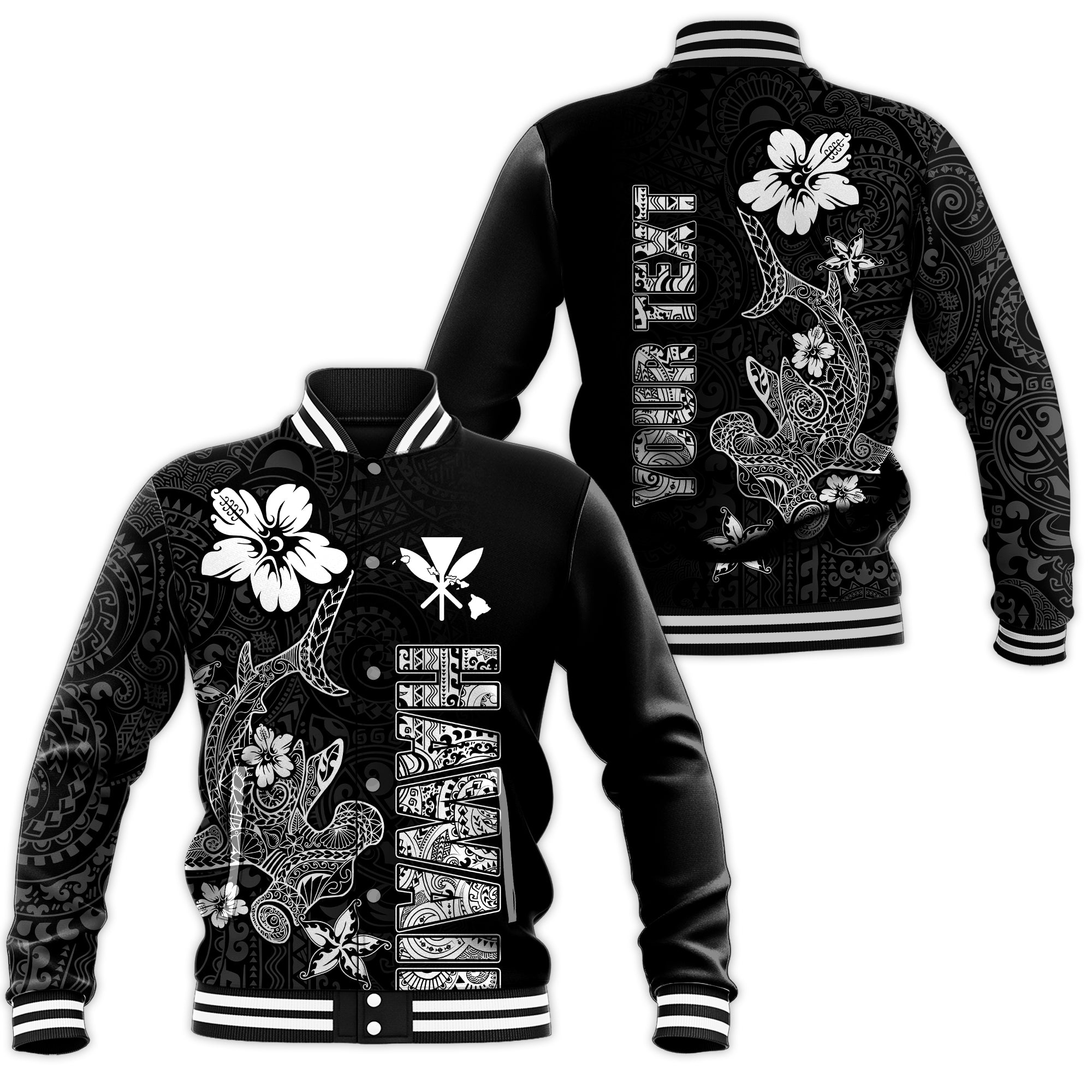 (Custom Personalised) Hawaii Hammerhead Shark Hibiscus Hawaii Pattern Baseball Jacket - LT2 Unisex BLACK - Polynesian Pride