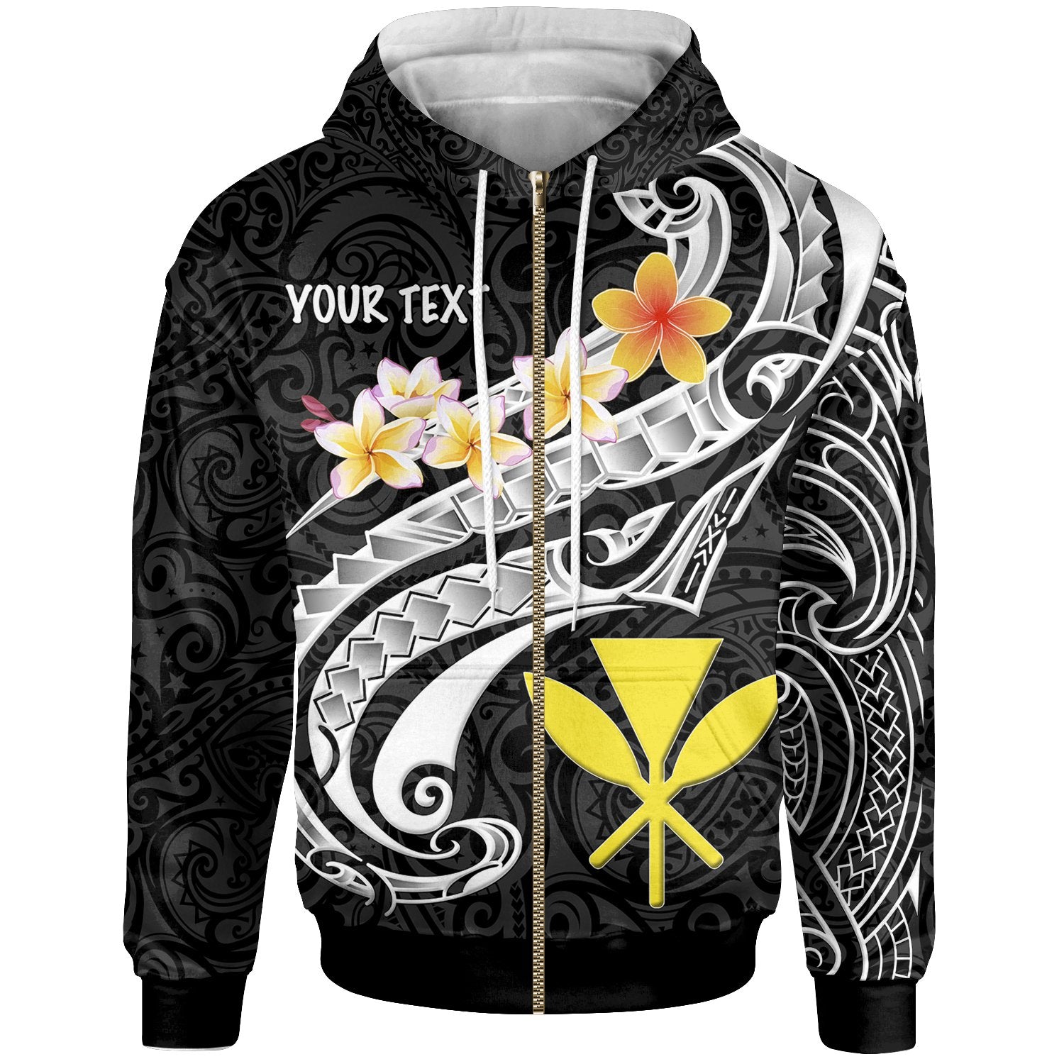 Hawaii Custom Zip up Hoodie Kanaka Maoli Polynesian Patterns Plumeria (Black) Unisex Black - Polynesian Pride