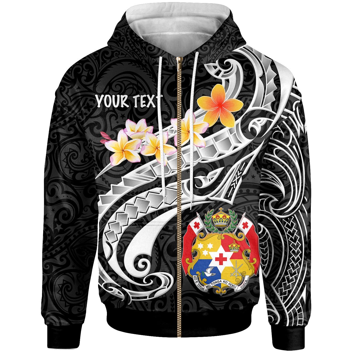 Tonga Custom Zip up Hoodie Tonga Seal Polynesian Patterns Plumeria (Black) Unisex Black - Polynesian Pride