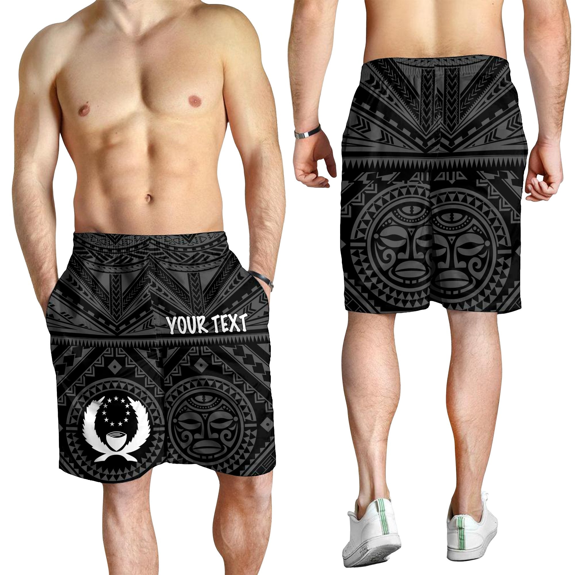 Pohnpei Personalised Men's Short - Pohnpei Seal With Polynesian Tattoo Style ( Black) - Polynesian Pride