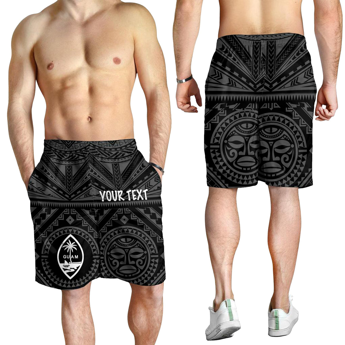 Guam Personalised Men's Short - Guam Seal With Polynesian Tattoo Style (Black) - Polynesian Pride
