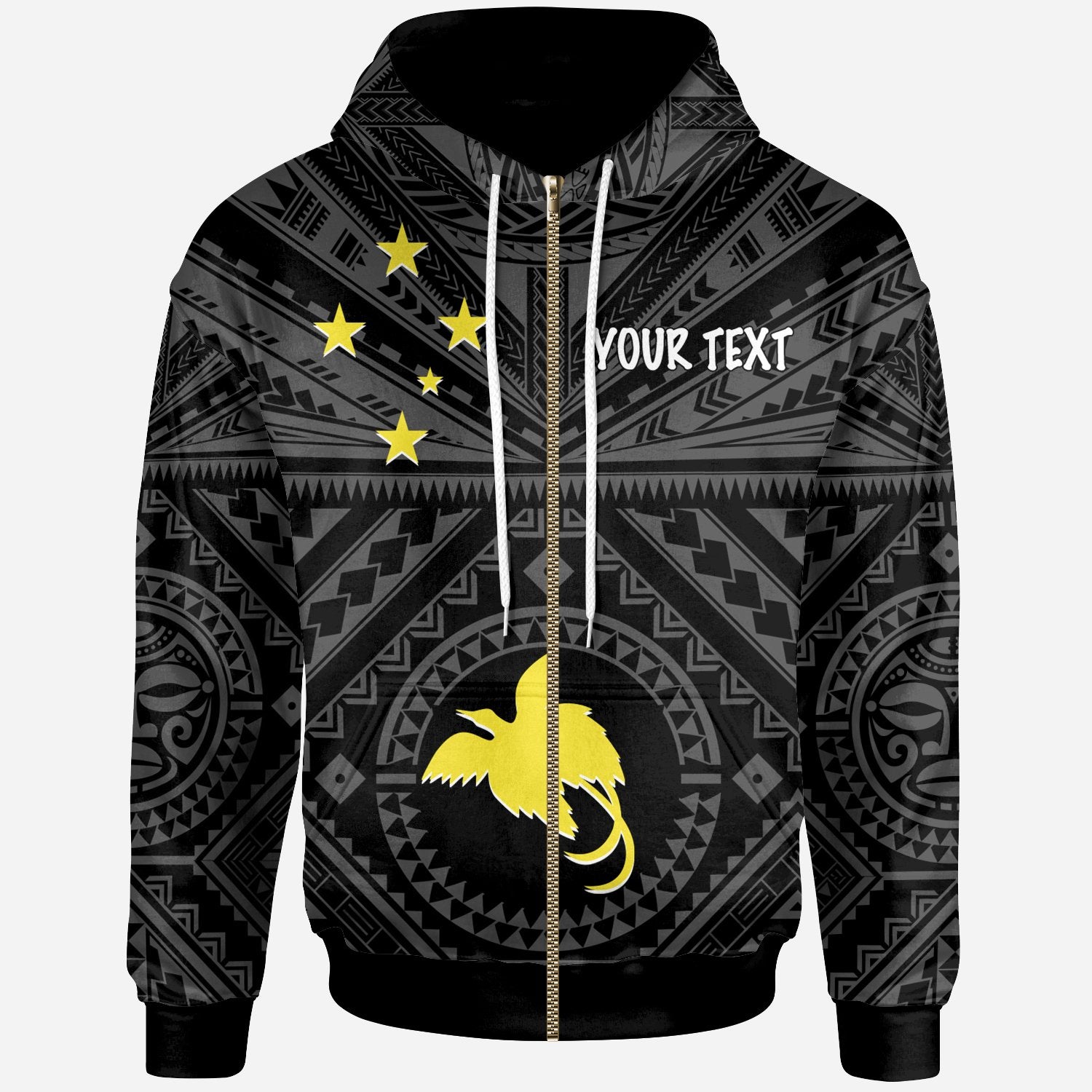 Papua New Guinea Custom Zip up Hoodie Flag With Polynesian Patterns (Black) Unisex Black - Polynesian Pride