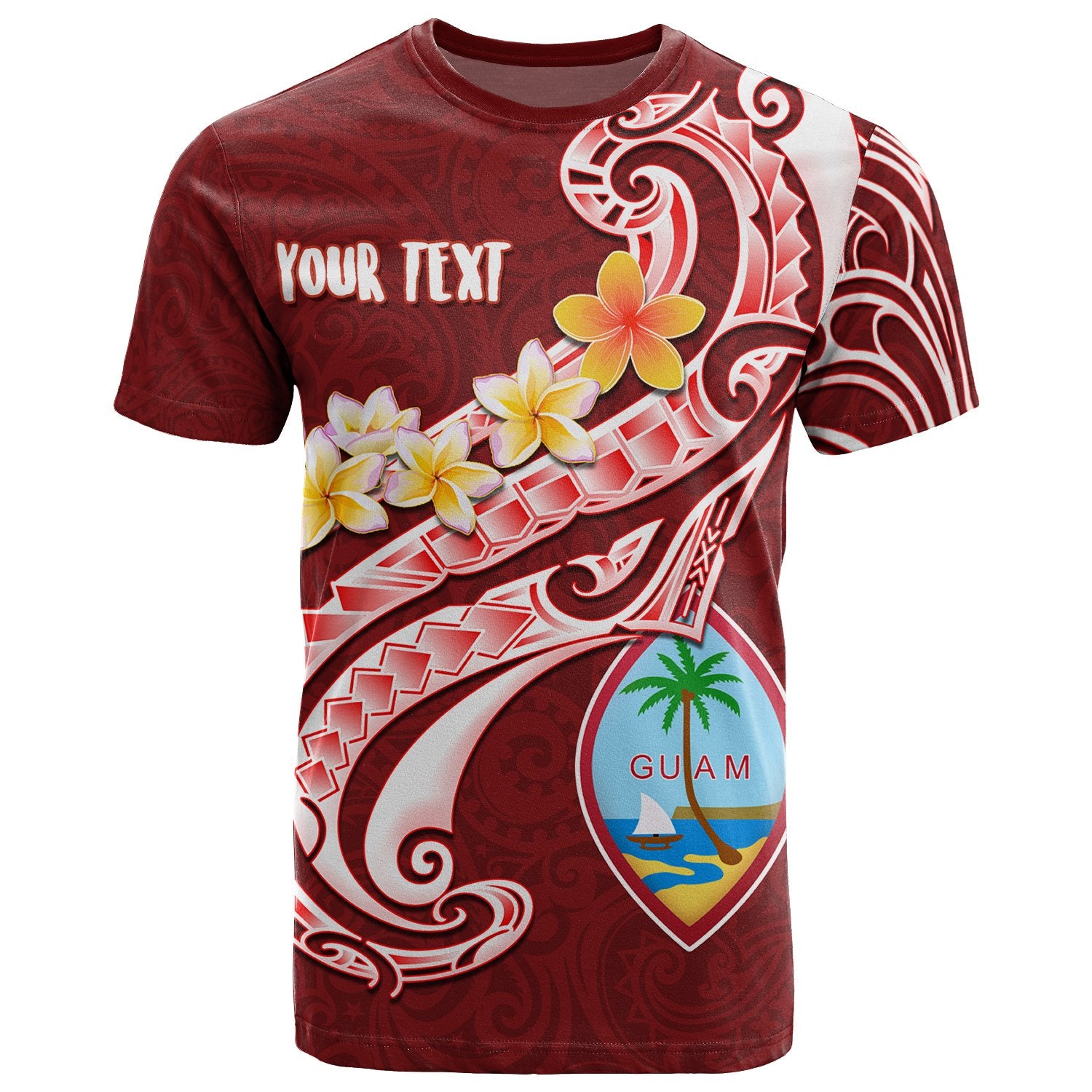 Guam Custom T Shirt Guam Seal Polynesian Patterns Plumeria (Red) Unisex Red - Polynesian Pride