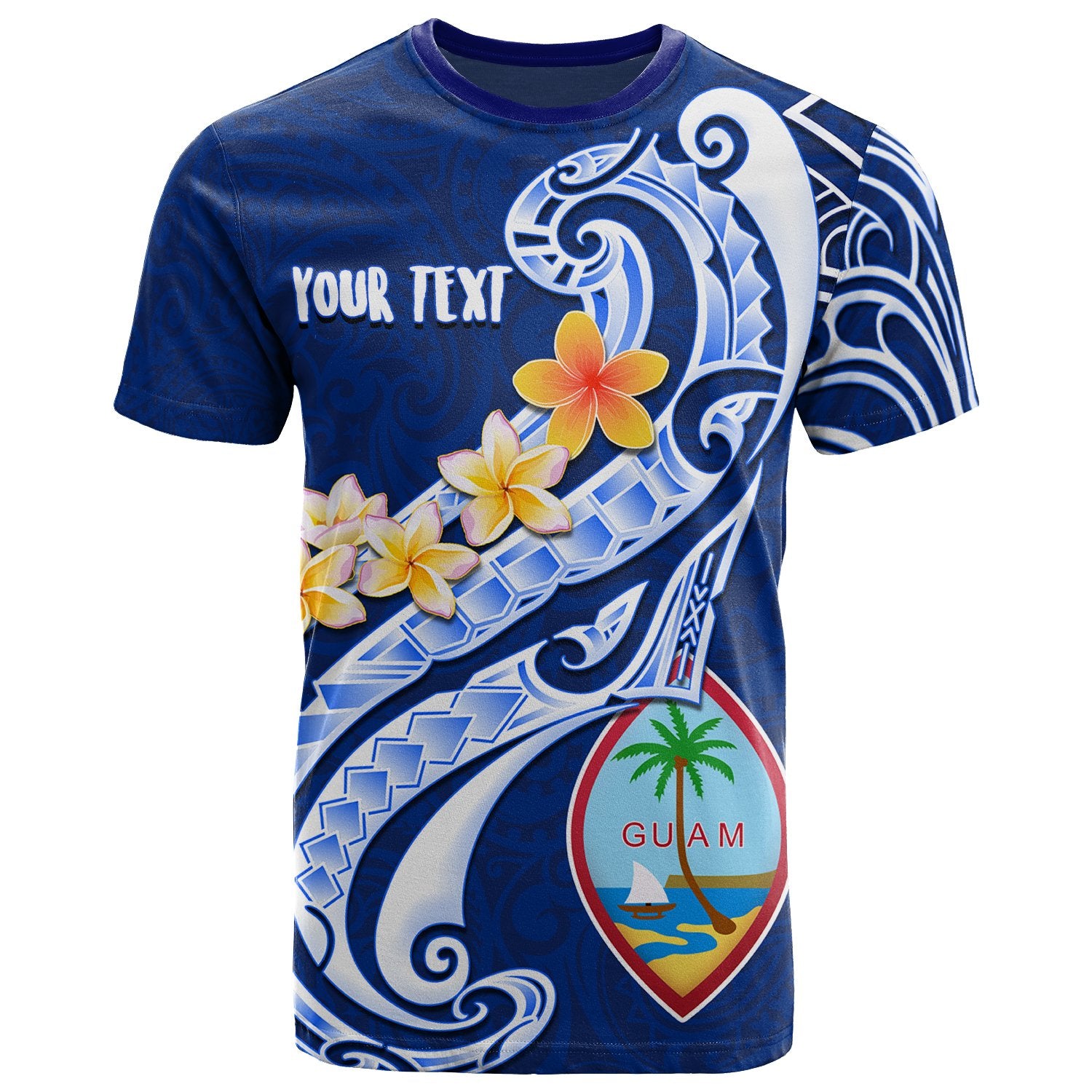 Guam CustomT Shirt Guam Seal Polynesian Patterns Plumeria (Blue) Unisex Blue - Polynesian Pride