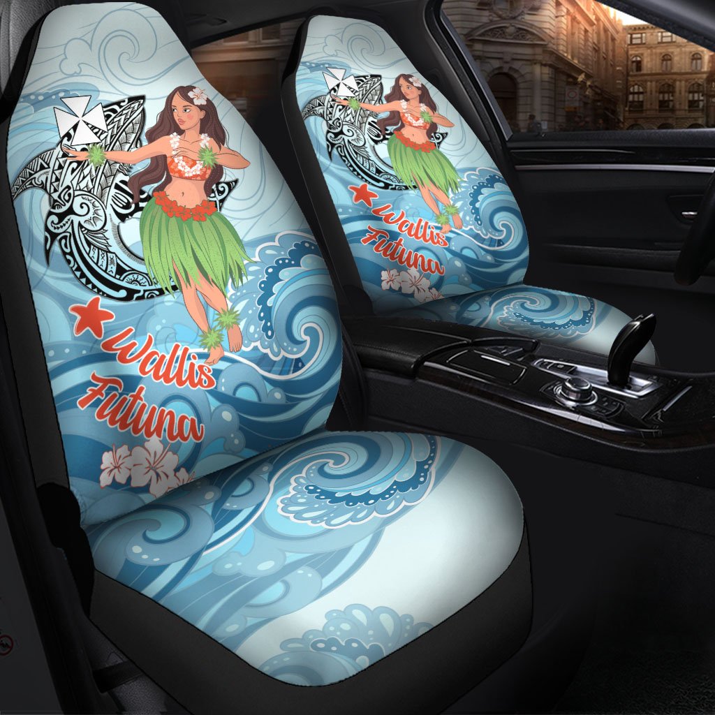 Wallis and Futuna Car Seat Cover - Polynesian Girls With Shark Universal Fit Red - Polynesian Pride