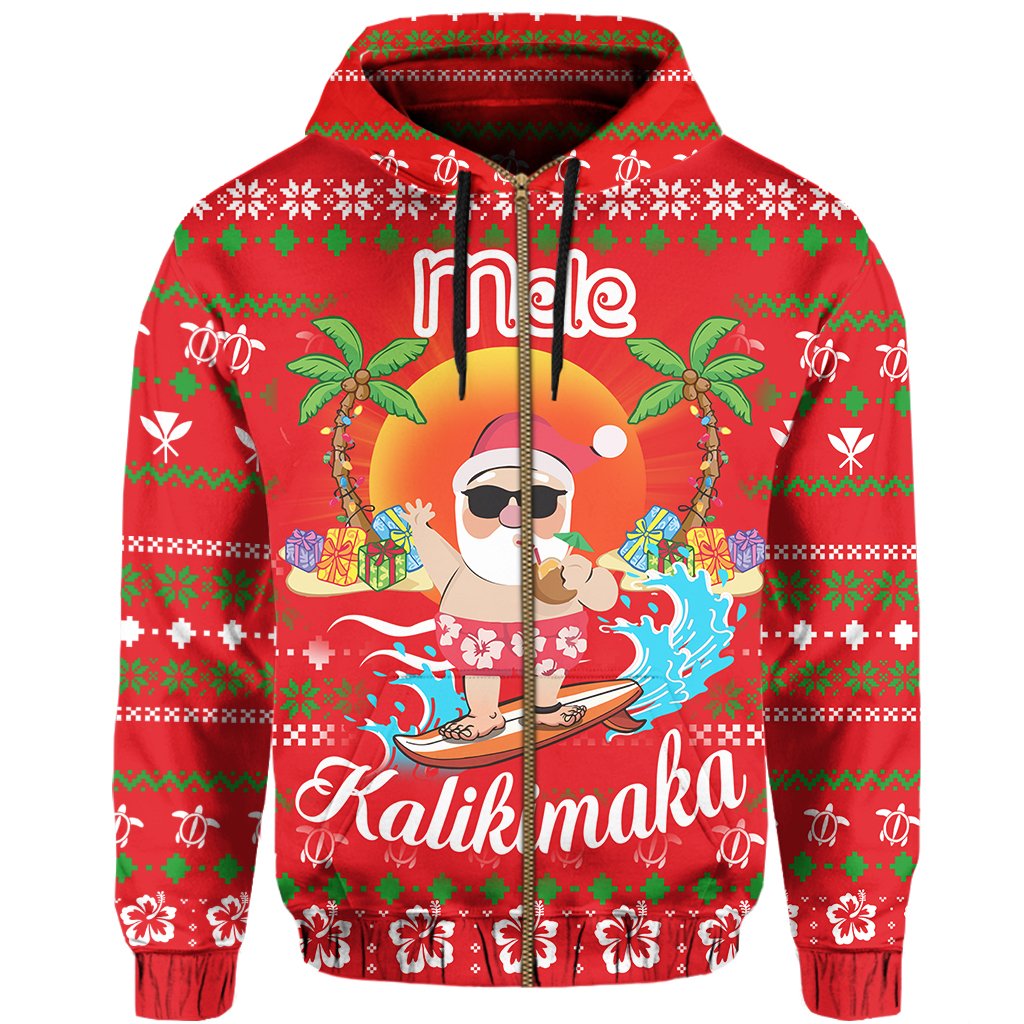 Hawaiian Santa Claus Mele Kalikimaka Hoodie Zip Red Aviv Style - Polynesian Pride