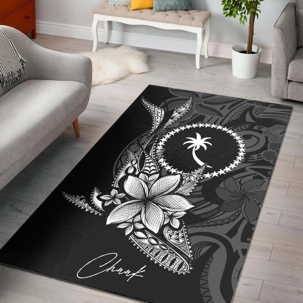 Chuuk State Area Rug - Fish With Plumeria Flowers Style Black - Polynesian Pride