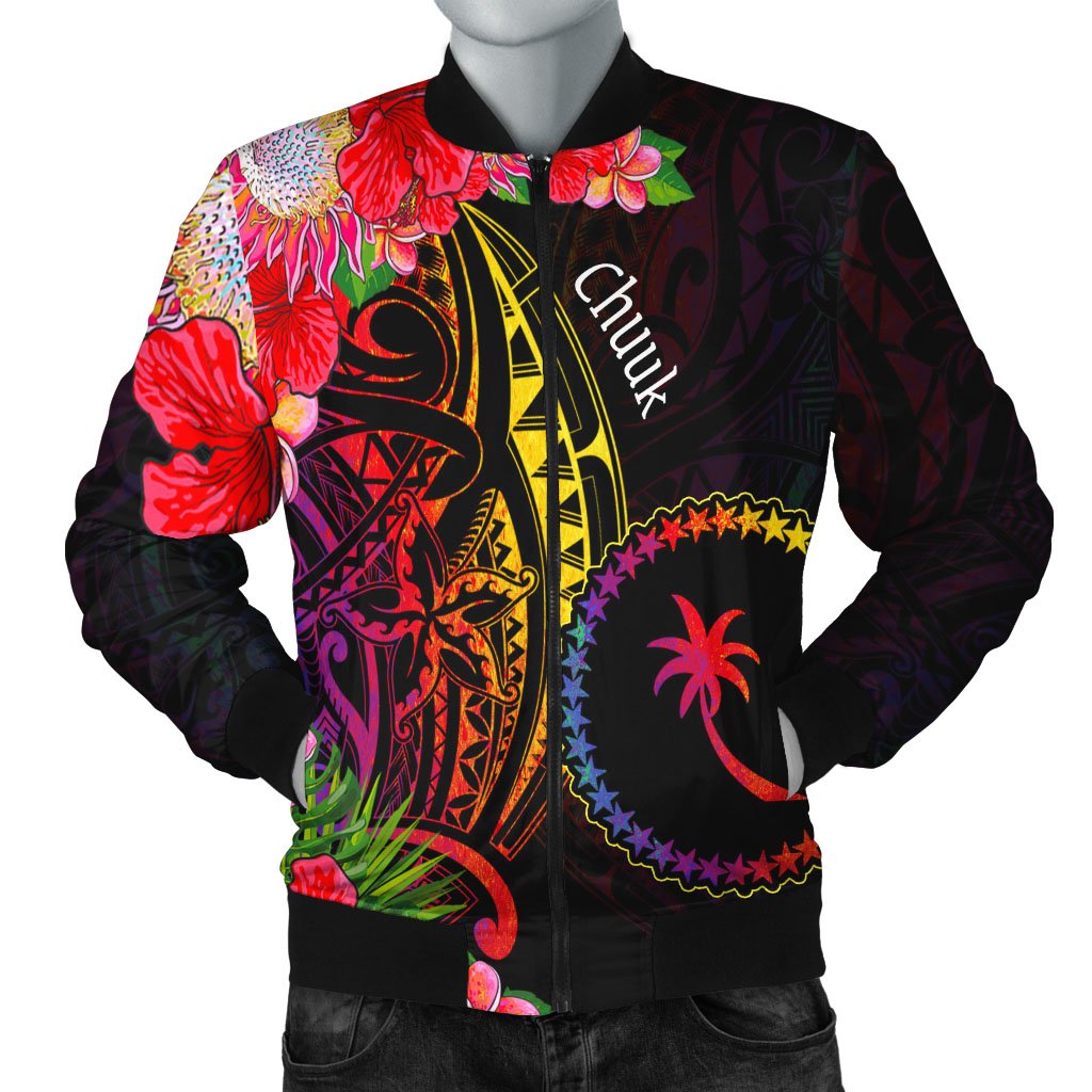 Chuuk State Men's Bomber Jacket - Tropical Hippie Style Black - Polynesian Pride