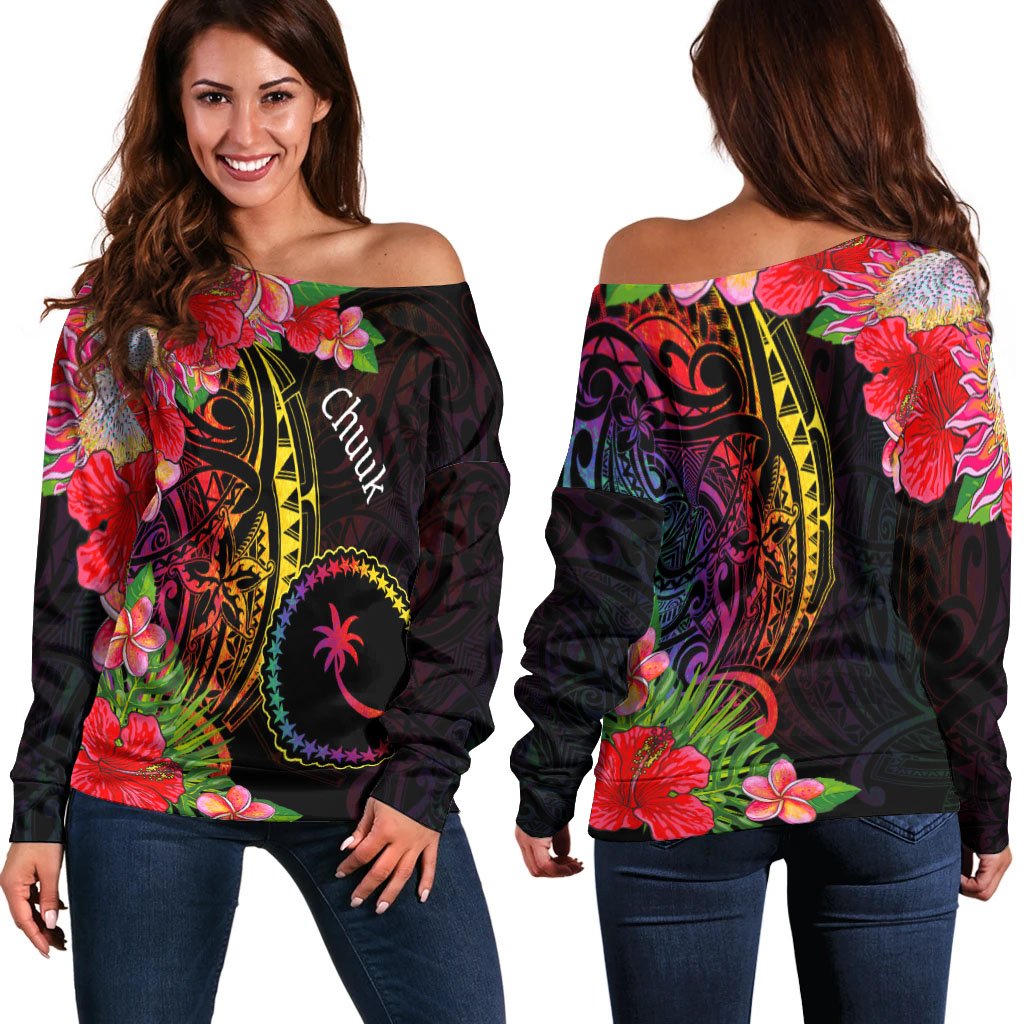 Chuuk State Women's Off Shoulder Sweater - Tropical Hippie Style Black - Polynesian Pride