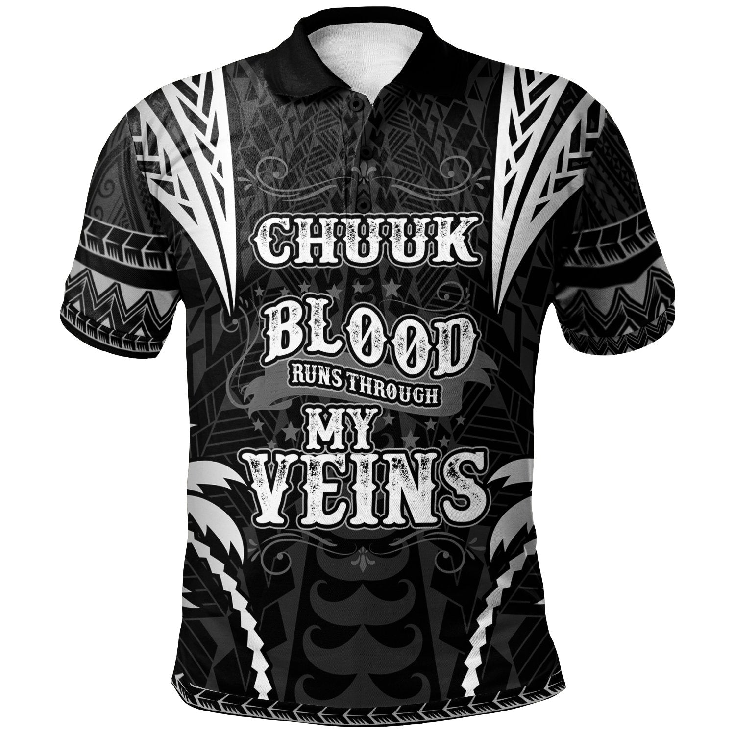 Chuuk Polo Shirt Blood Runs Through My Veins Style Black Unisex Black - Polynesian Pride