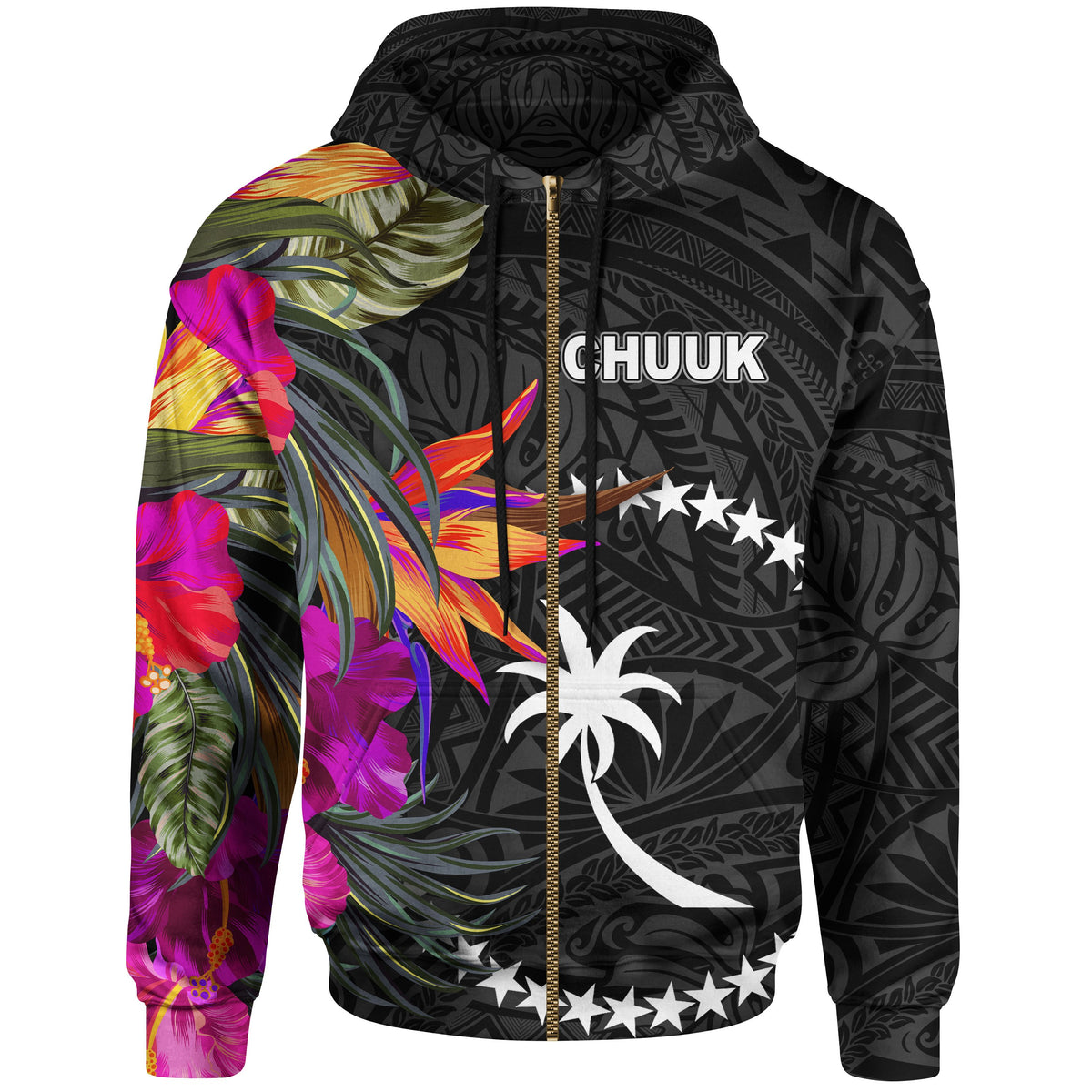Chuuk Zip up Hoodie Hibiscus Polynesian Pattern Unisex Black - Polynesian Pride