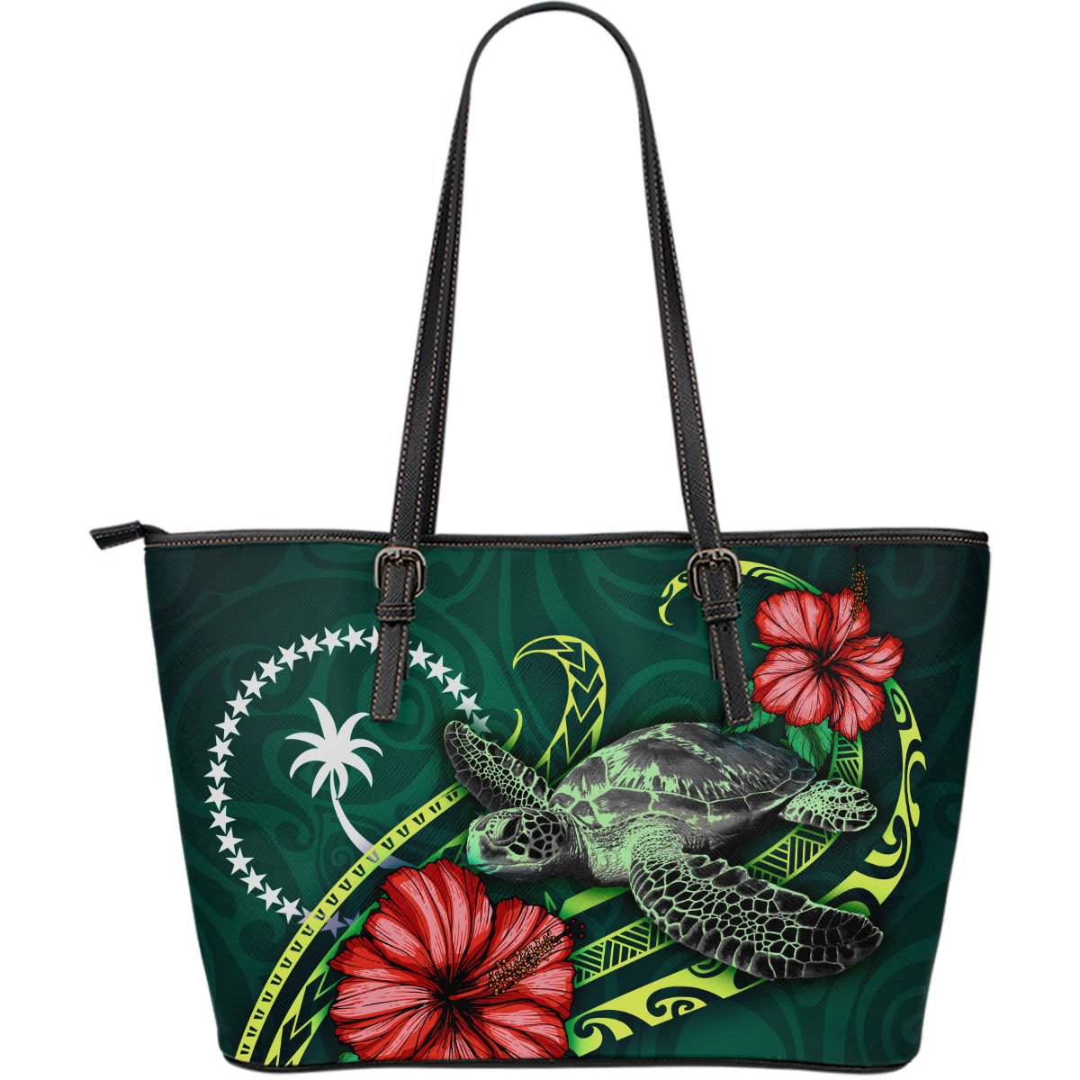 Chuuk Micronesia Leather Tote Bag - Green Turtle Hibiscus Green - Polynesian Pride