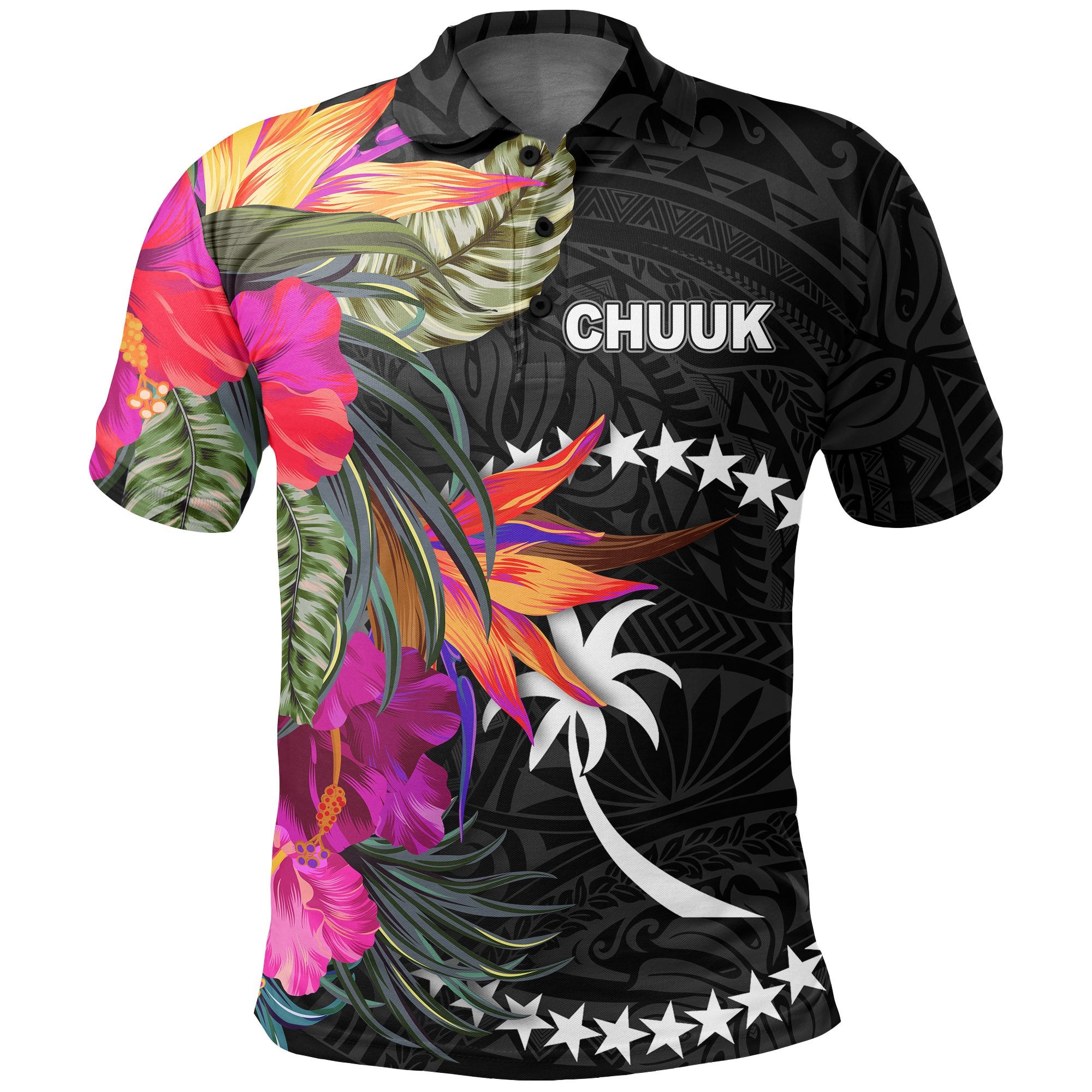 Chuuk Polo Shirt Hibiscus Polynesian Pattern Unisex Black - Polynesian Pride