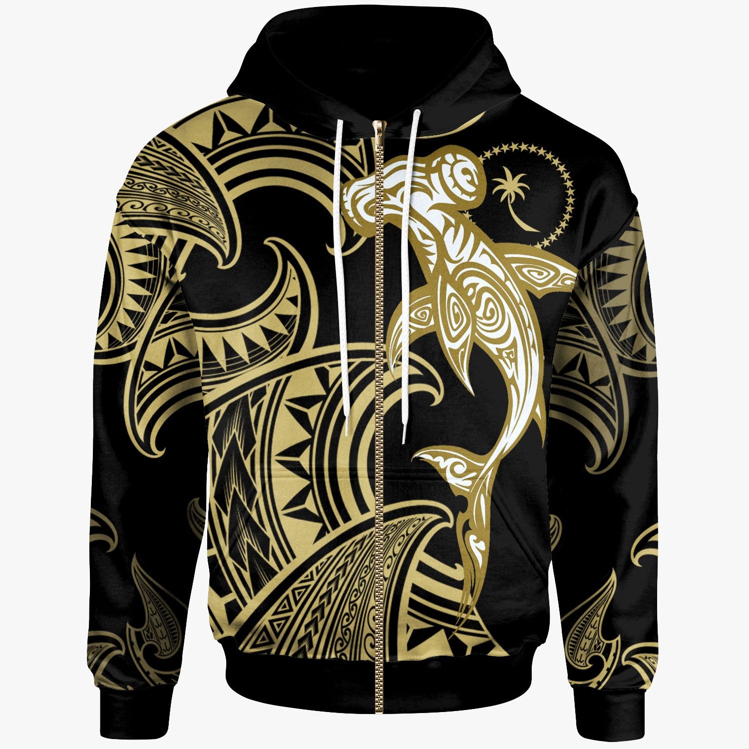 Chuuk Zip Hoodie Hammerhead Shark Tribal Pattern Unisex Gold - Polynesian Pride